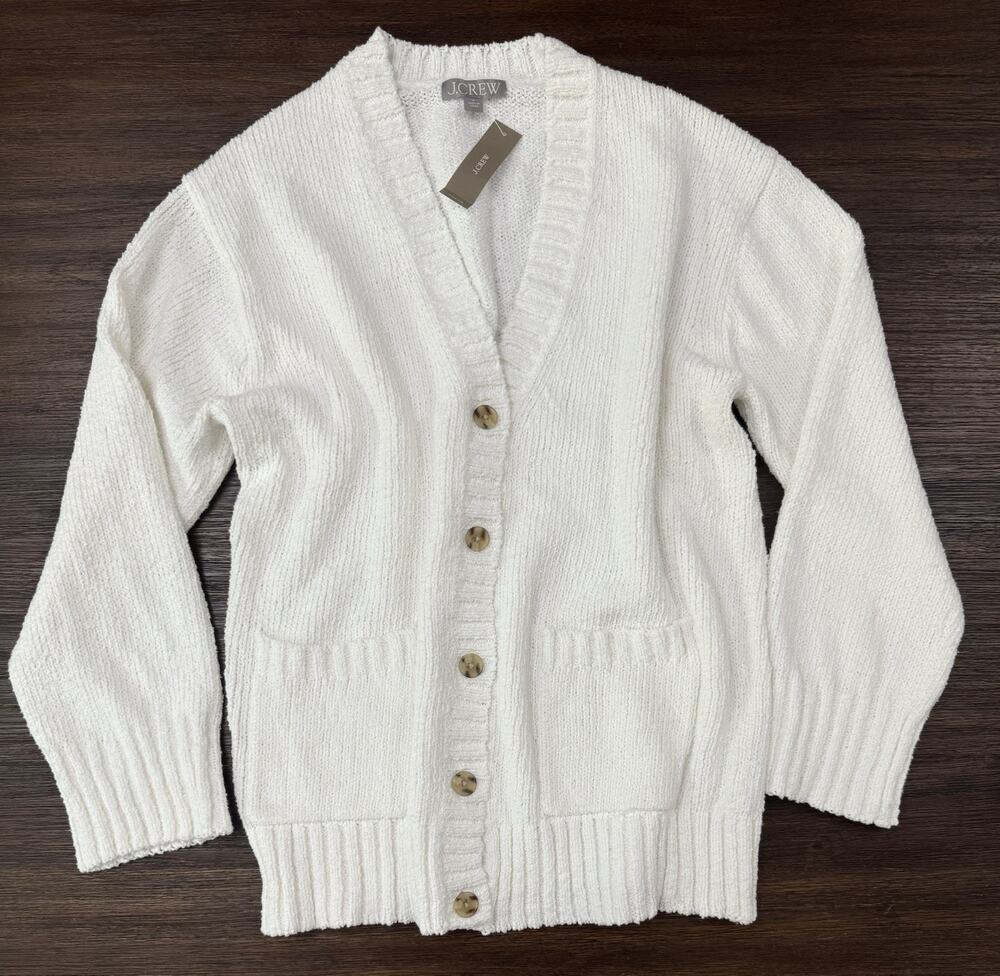 J.Crew White Cardigan Sweater Womens Medium Chunky Knit Relaxed Cotton Blend